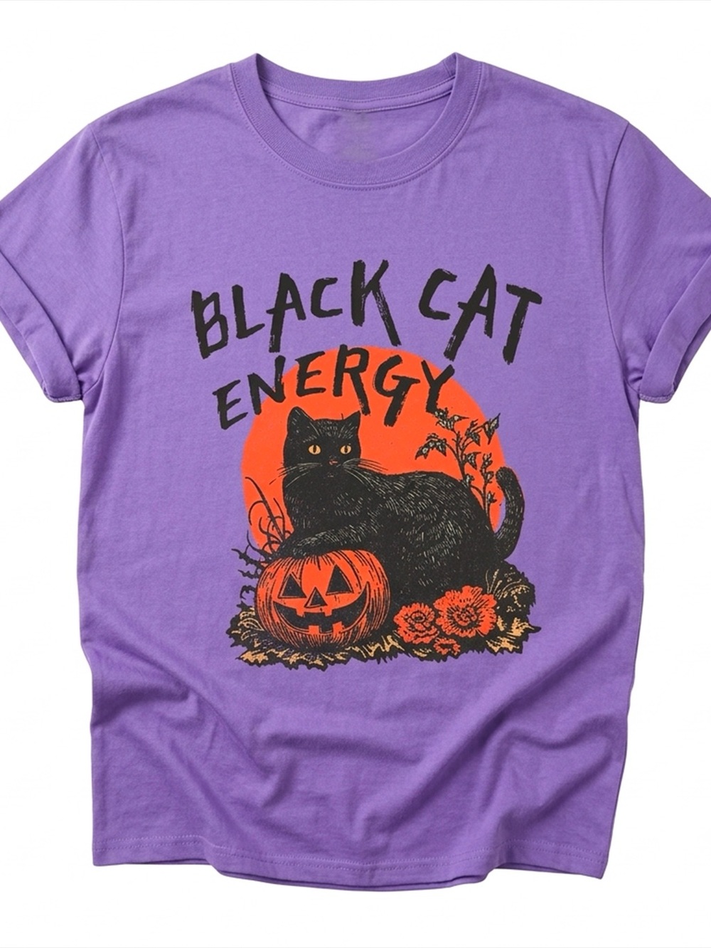 Black Cat Energy Spooky Season Pumpkin Purple Graphic Tee